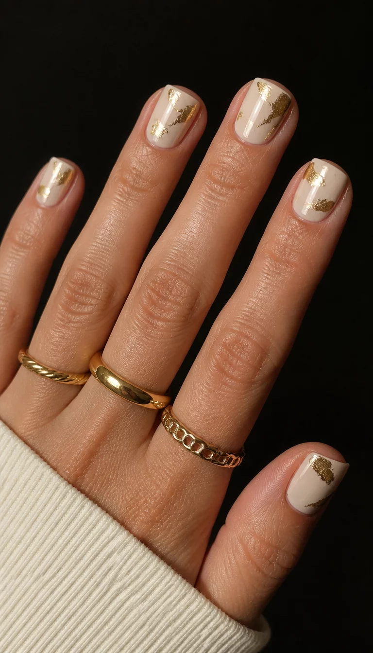 close-up shot of a woman’s hand with five fingers showing short square nails with a cream base and shimmering gold irregular shapes, wearing gold rings, dark background.
