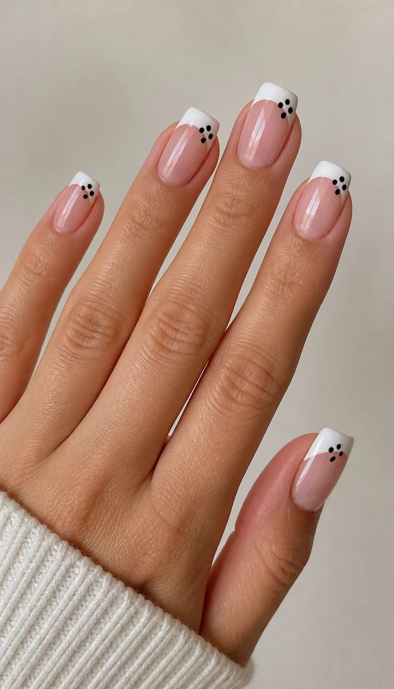 close-up shot of a woman’s hand with five fingers showing medium square nails with a white French tip and small black dots in clusters, natural pink base, light neutral surface background.
