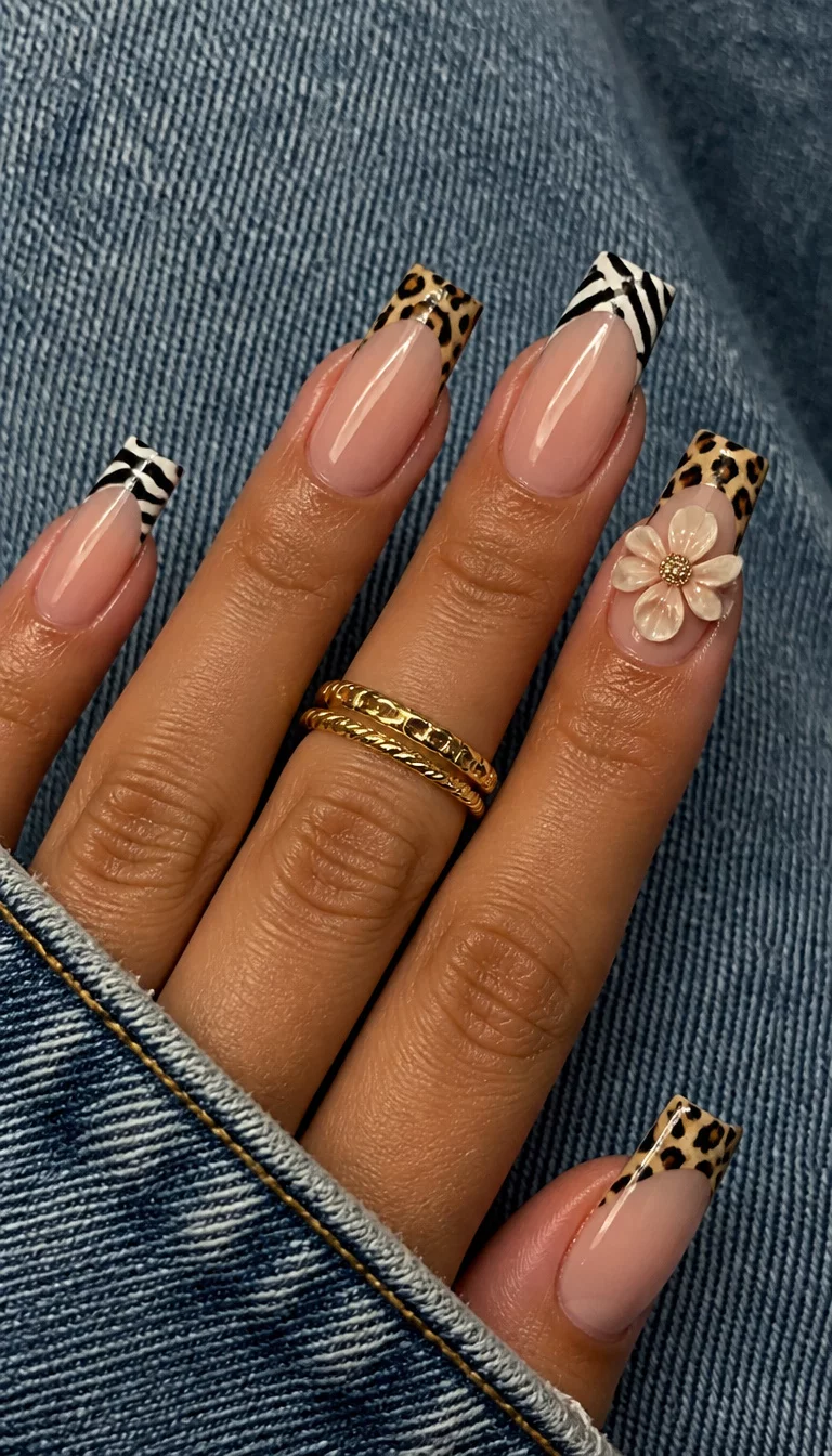 close-up shot of a woman’s hand with five fingers showing long square nails with leopard and zebra print French tips and a large 3D flower, denim fabric background.
