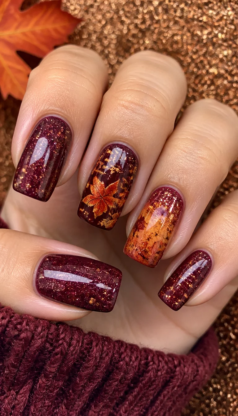 close-up shot of a woman’s hand with five fingers showing medium square nails with deep burgundy glitter, autumn leaf prints, and an orange gradient, glittery surface background.