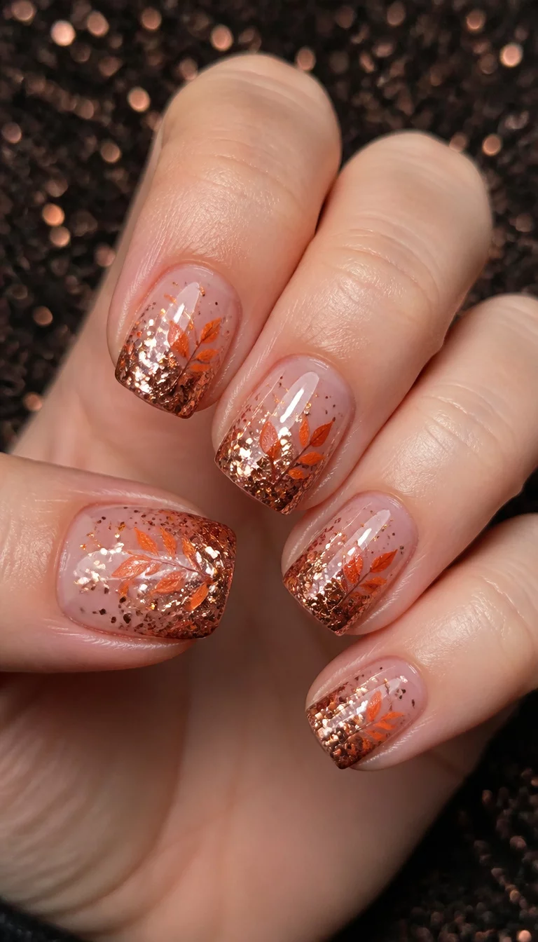 close-up shot of a woman’s hand with five fingers showing short square nails with clear polish, orange leaf designs, and heavy copper glitter accents, dark sparkly surface background.