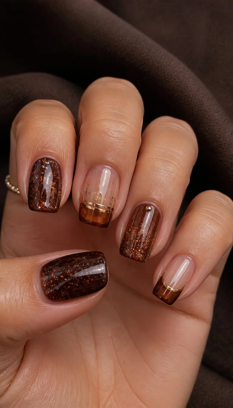 close-up shot of a woman’s hand with five fingers showing short square nails with rich brown and amber glitter, some nails featuring clear tips and metallic accents, dark brown material background.
