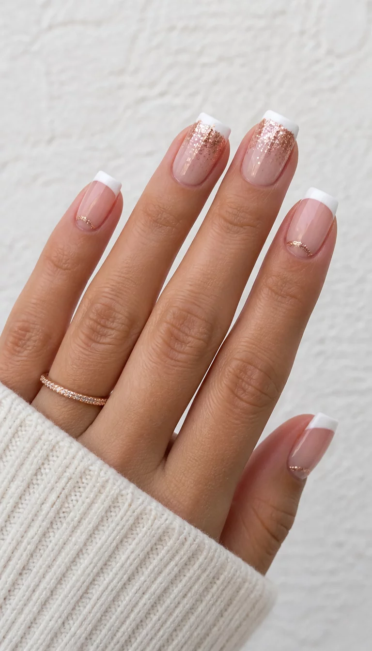 close-up shot of a woman’s hand with five fingers showing square nails with white French tips, a natural base, and rose gold glitter accents, white textured surface background.