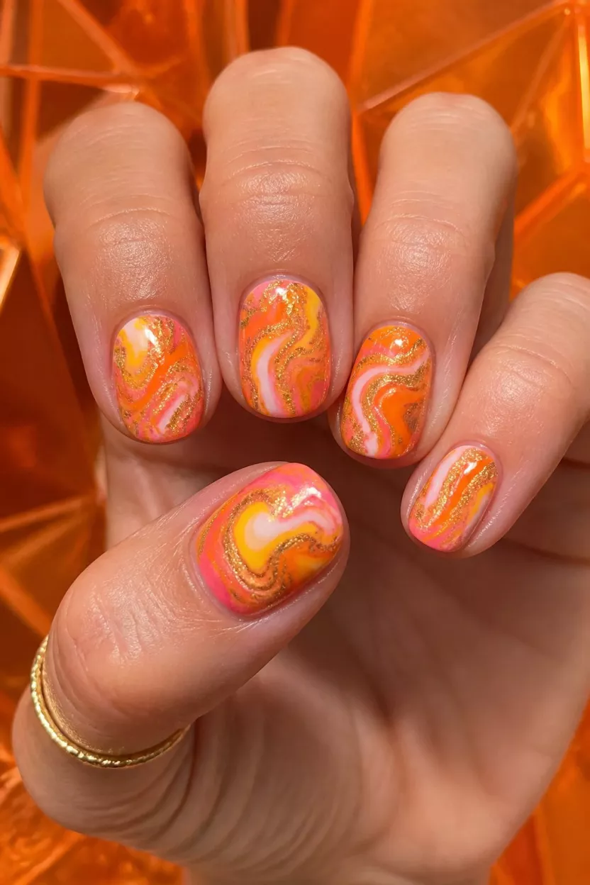 Swirling Neon Marble close-up shot of a woman’s hand with five fingers showing nails with short, rounded nails displaying a vibrant, swirling marble design using yellow, orange, pink, and gold glitter accents, a translucent orange acrylic surface background.