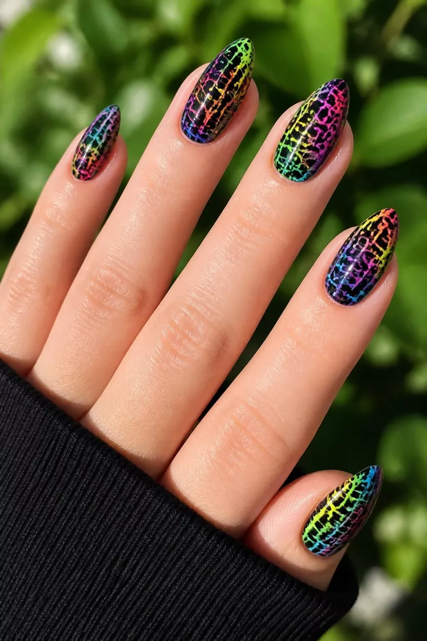 Neon Neon Grid close-up shot of a woman’s hand with five fingers showing nails with almond-shaped nails featuring a vibrant, chaotic, colorful grid pattern resembling a net or crackle effect in neon hues, outdoor lighting background.