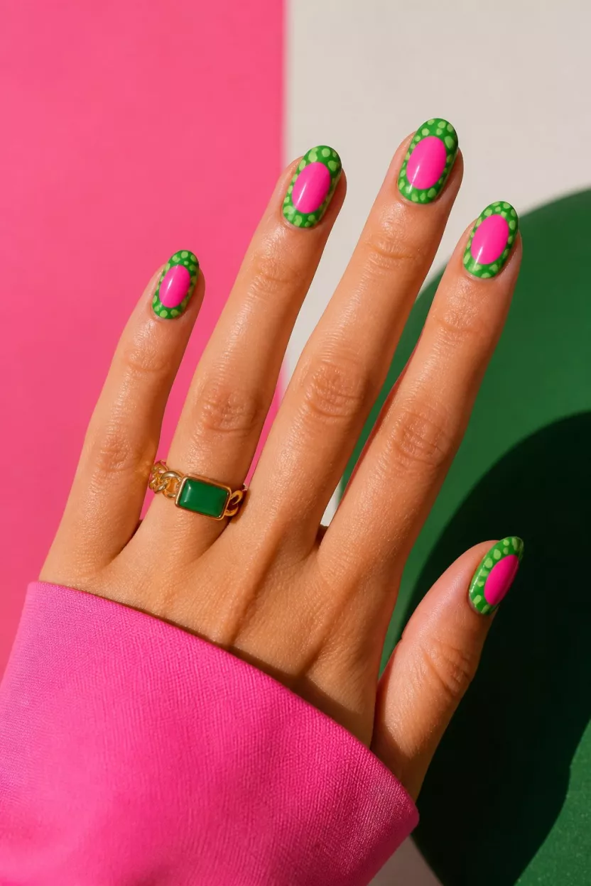 Graphic Green Gaze close-up shot of a woman’s hand with five fingers showing nails with medium, rounded nails showing a modern, graphic design with bright pink ovals over a green base with lighter green dots, a bold and contemporary background.