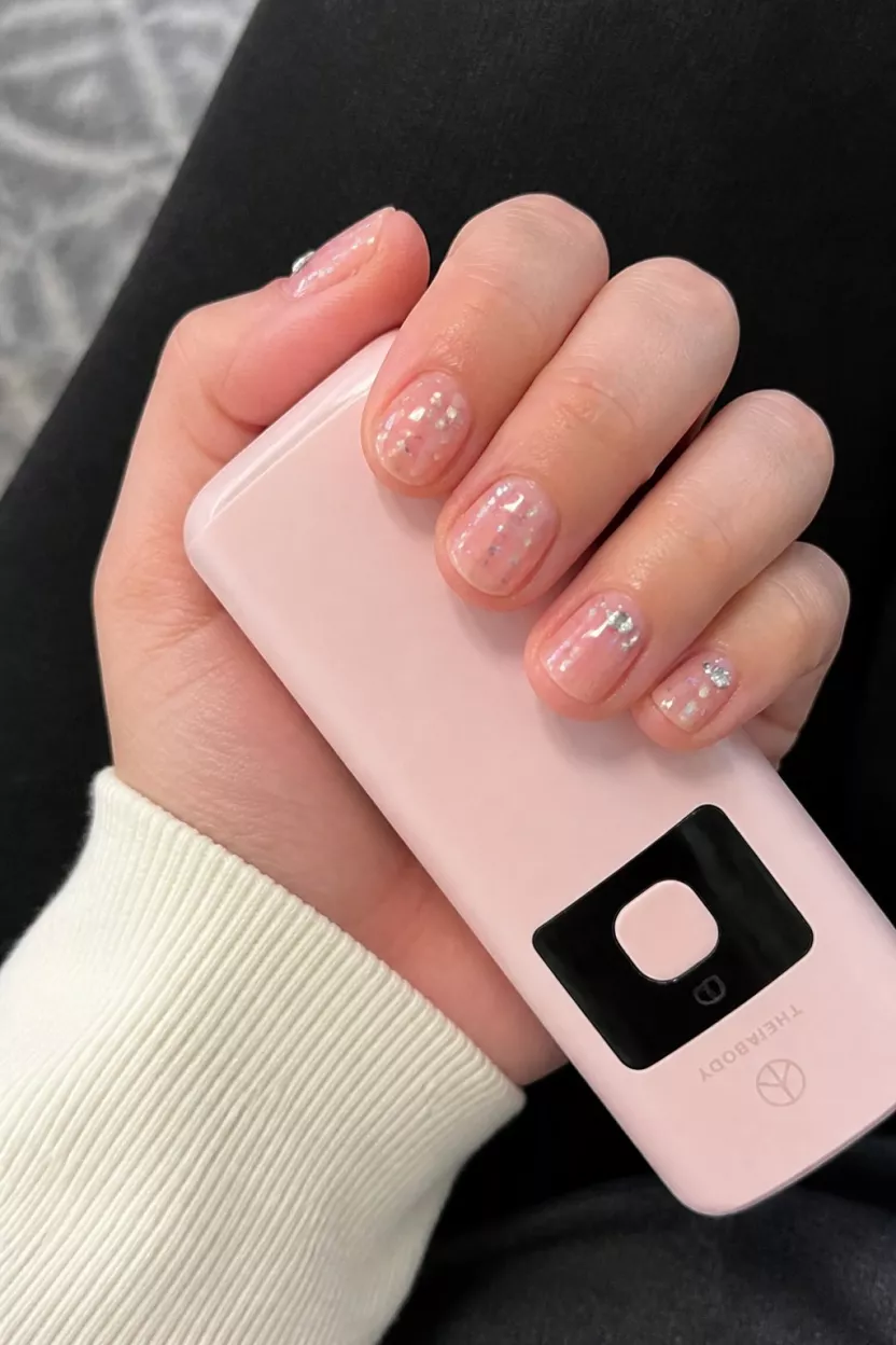 Peachy Pink Sparkle close-up shot of a woman’s hand with five fingers showing nails with short, rounded nails displaying sheer, peachy-pink polish with embedded sparkles and small gems, holding a light pink electronic device over dark pants.
