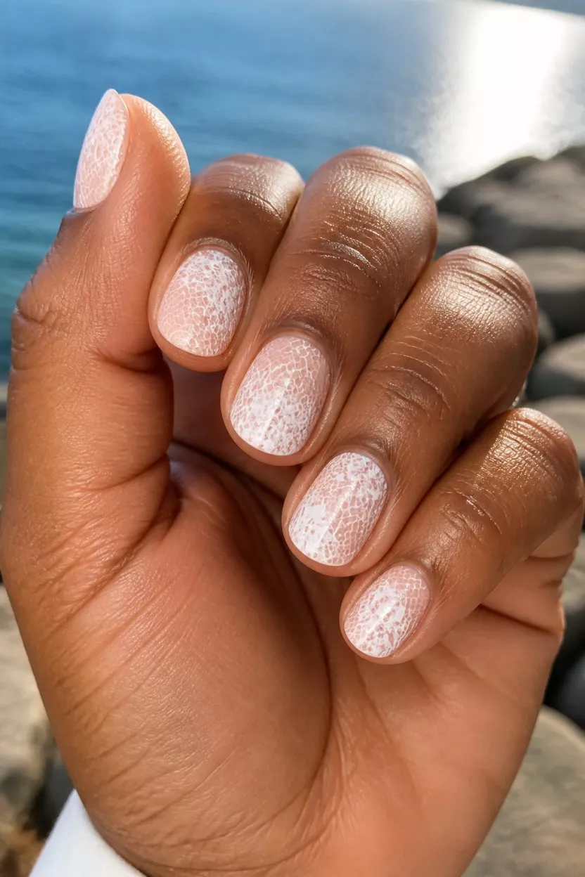 White Lace Florals close-up shot of a woman’s hand with five fingers showing nails with short, squoval nails on a darker hand featuring a pale pink base with intricate white lace and floral overlay, outdoor setting near water and sunlight.