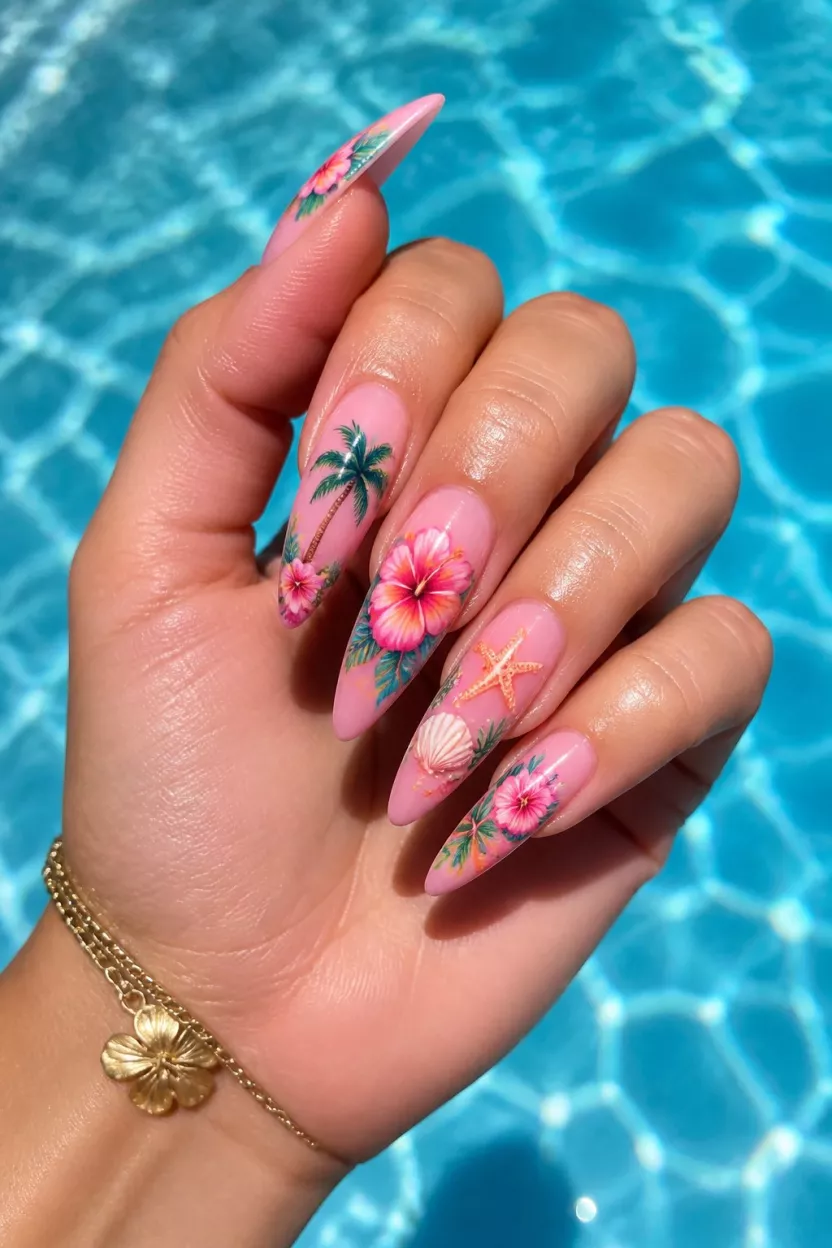Tropical Stiletto Drama close-up shot of a woman’s hand with five fingers showing nails with stiletto nails boasting elaborate pink base polish with tropical designs like palm trees, hibiscus flowers, starfish, and shells, bright blue, watery texture background.