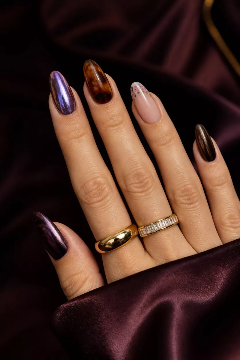 Amber Glaze and Rose close-up shot of a woman’s hand with five fingers showing nails with deep-toned nails including iridescent purple and brown chrome, marbled amber glaze, and small pink roses on French tips, a luxurious dark background.