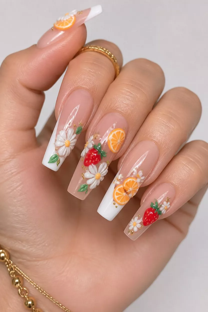 Fruit Infused Coffin Nails close-up shot of a woman’s hand with five fingers showing nails with long, coffin-shaped nails with elaborate 3D designs of orange fruit, strawberries, and flowers against nude and white French tips, a clean studio background.
