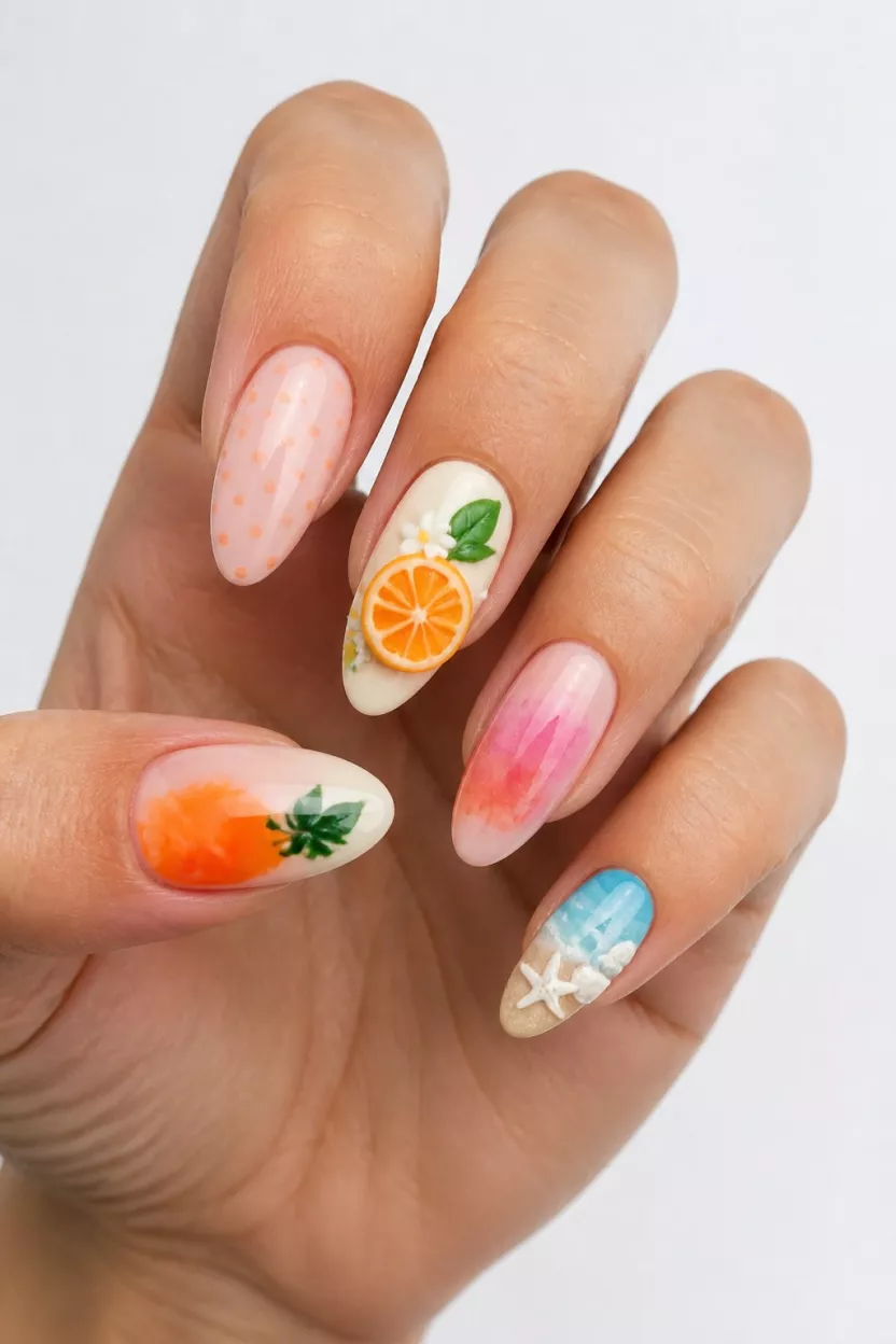 Mediterranean Medley close-up shot of a woman’s hand with five fingers showing nails with medium almond-shaped nails showcasing a medley of designs including a 3D orange, color washes, polka dots, and beach themes, a white surface background.