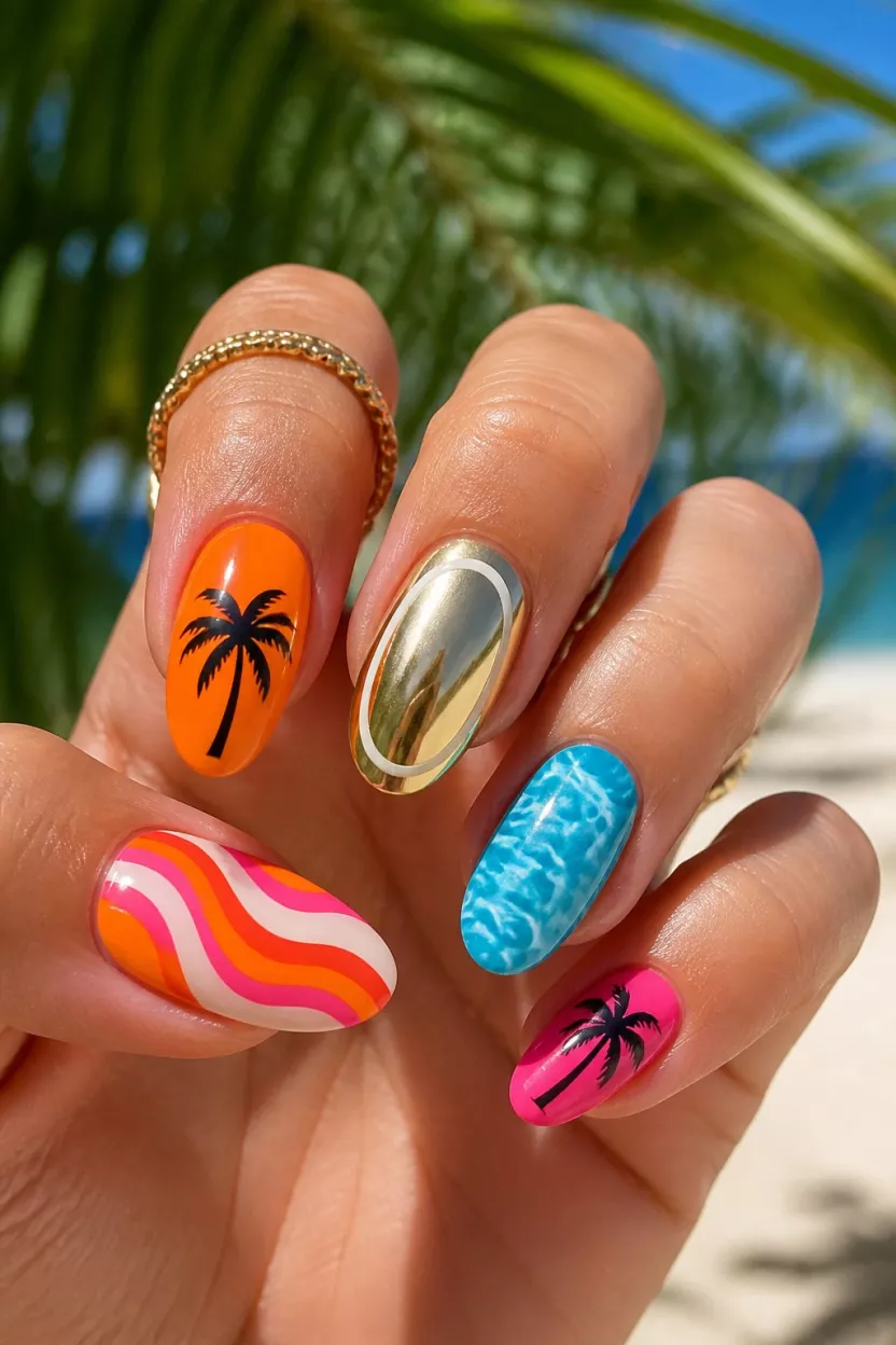 Sunny Vacation Medley close-up shot of a woman’s hand with five fingers showing nails with wavy warm stripes, bright solids with palm trees, chrome ovals, and bright blue aquatic designs, a sunny outdoor setting.