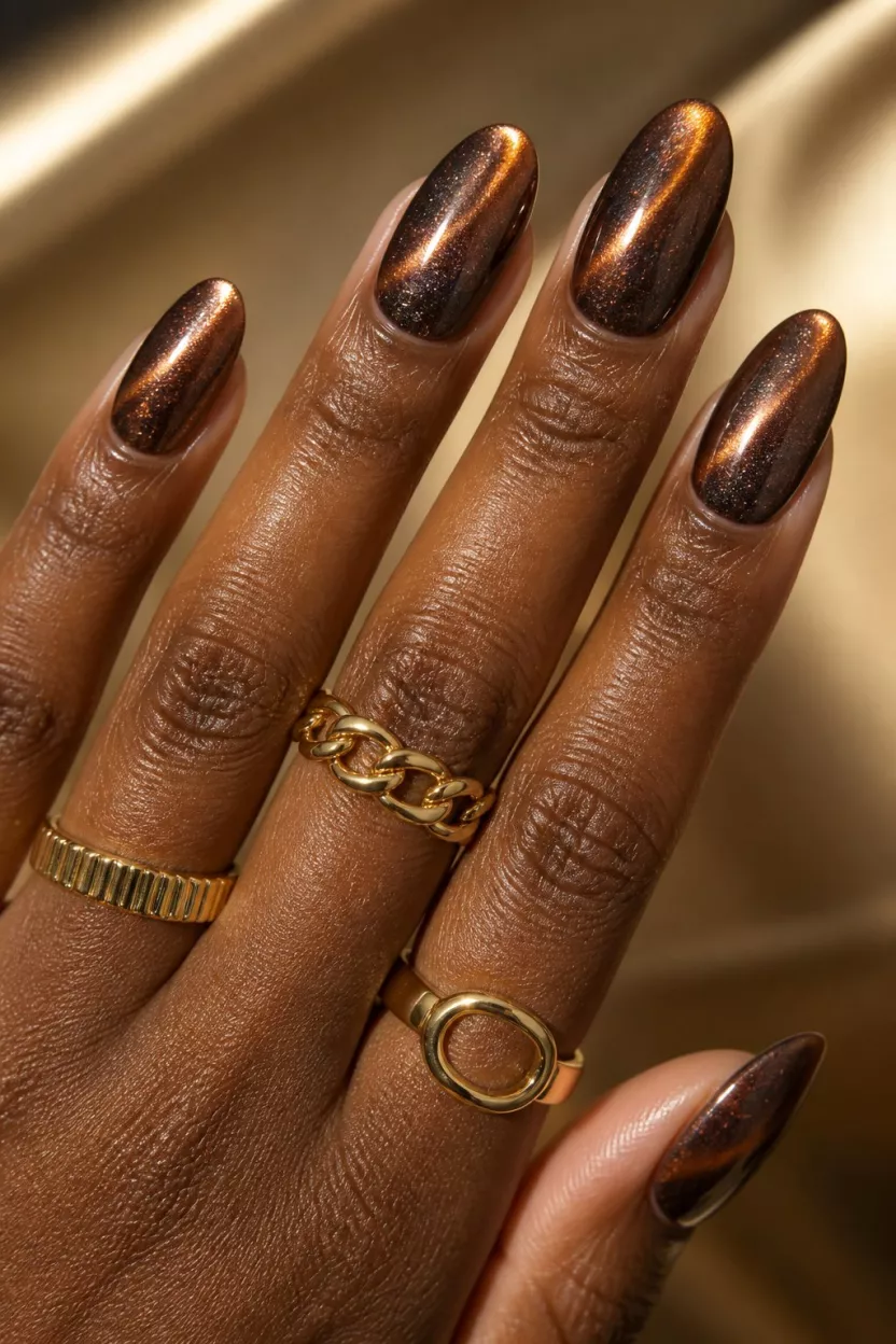 Magnetic Bronze Cat Eye close-up shot of a woman’s hand with five fingers showing nails with almond-shaped nails featuring a shimmery, cat-eye magnetic polish with metallic bronze tips, dark skin and gold rings background.