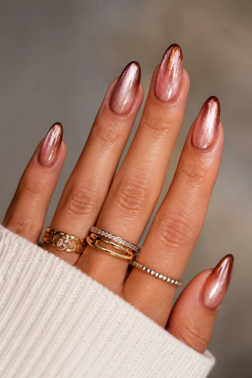 close-up shot of a woman’s hand with five fingers showing nails with almond-shaped nails exhibiting a sultry cat-eye magnetic polish in pearly rose gold, tipped with darker bronze chrome, on tan skin with gold and silver rings.