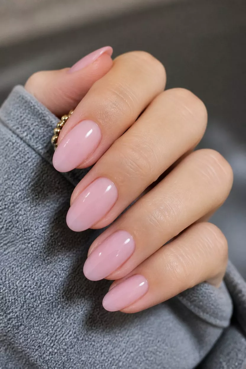 close-up shot of a woman’s hand with five fingers showing nails with medium almond-shaped nails have a simple glossy sheer baby pink polish, gray textured fabric, gold beaded ring.