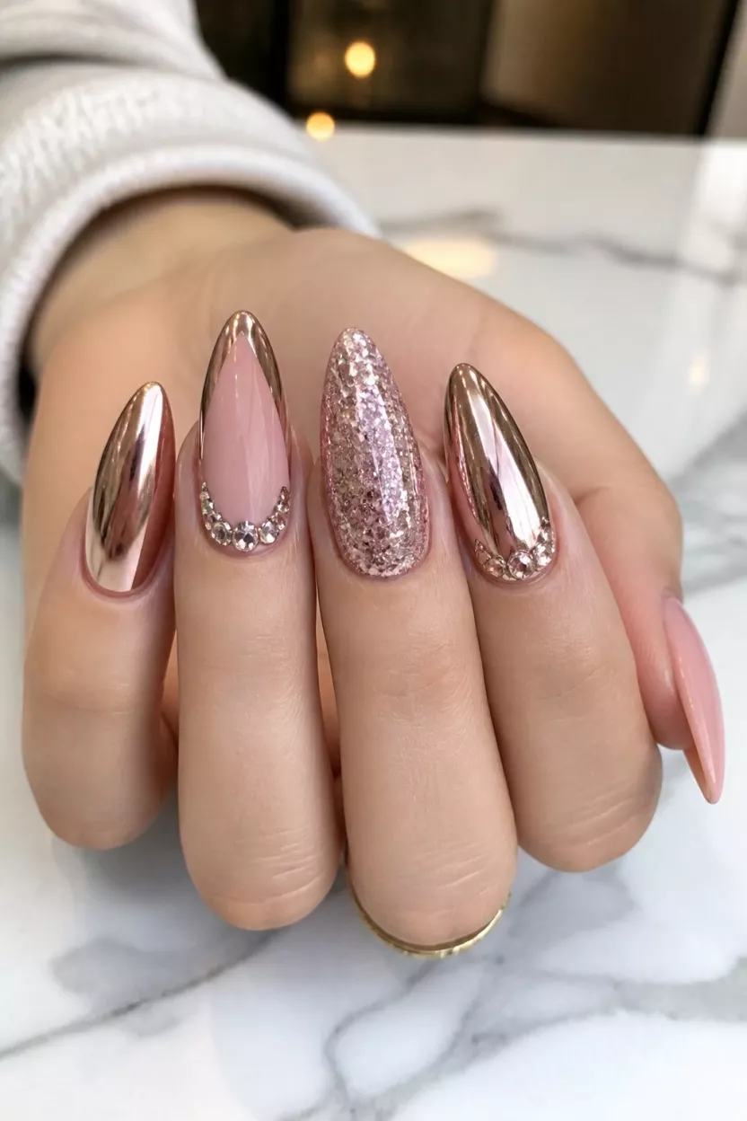 close-up shot of a woman’s hand with five fingers showing nails with almond nails featuring a luxurious mix of rose gold chrome, opaque dusty pink, and dense rose gold glitter, accented by small rhinestones, salon setting.