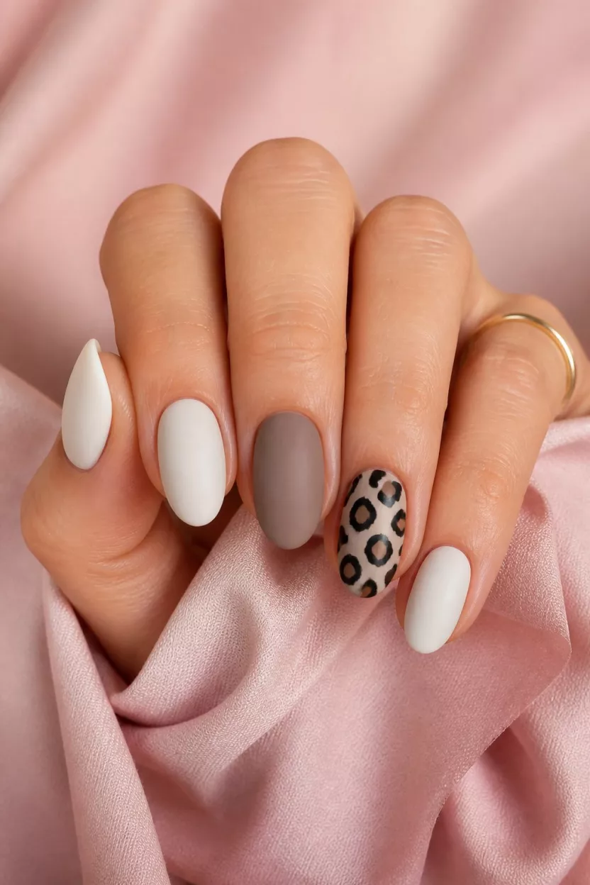 close-up shot of a woman’s hand with five fingers showing nails with short almond nails sport a matte finish in white and taupe, featuring a chic black leopard print accent nail, draped pink fabric.