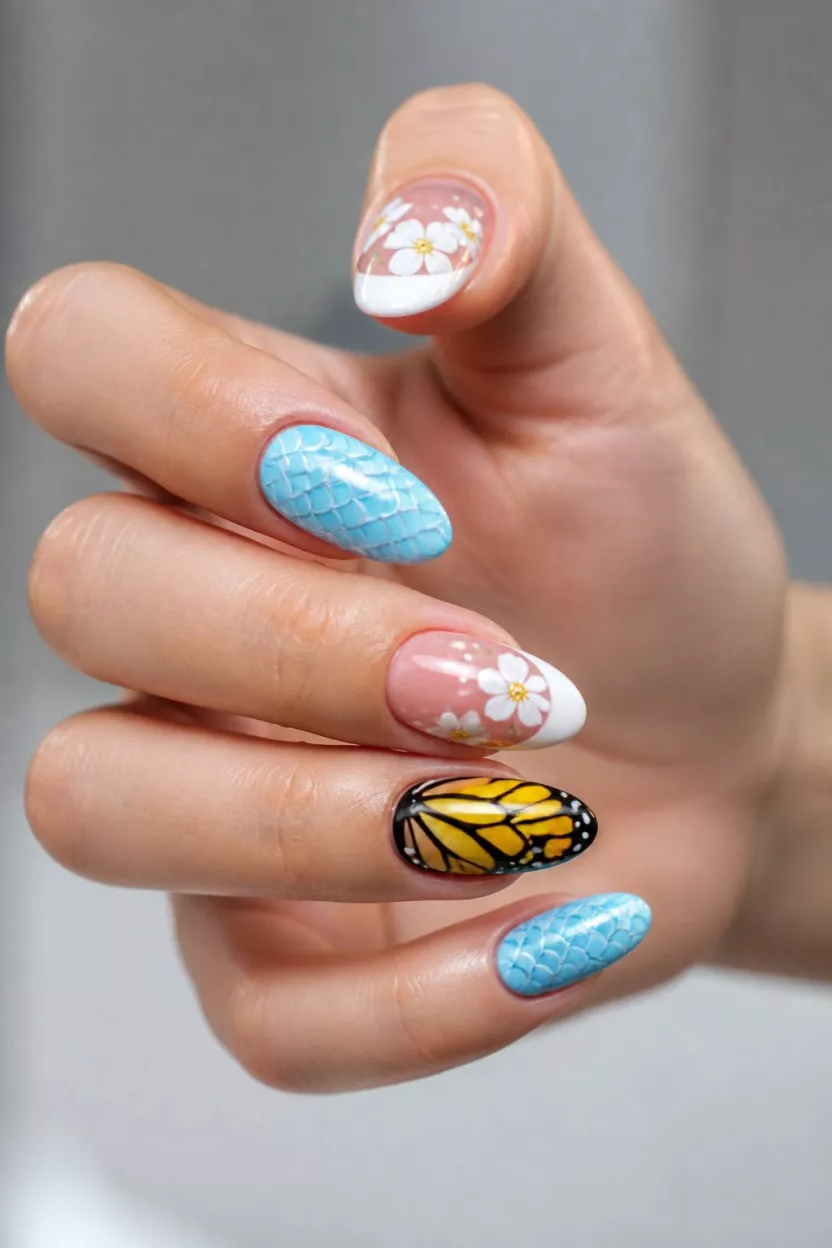 close-up shot of a woman’s hand with five fingers showing nails with three different nail styles including classic French tips with white flowers, light blue scale-patterned nails, and yellow butterfly wing designs.