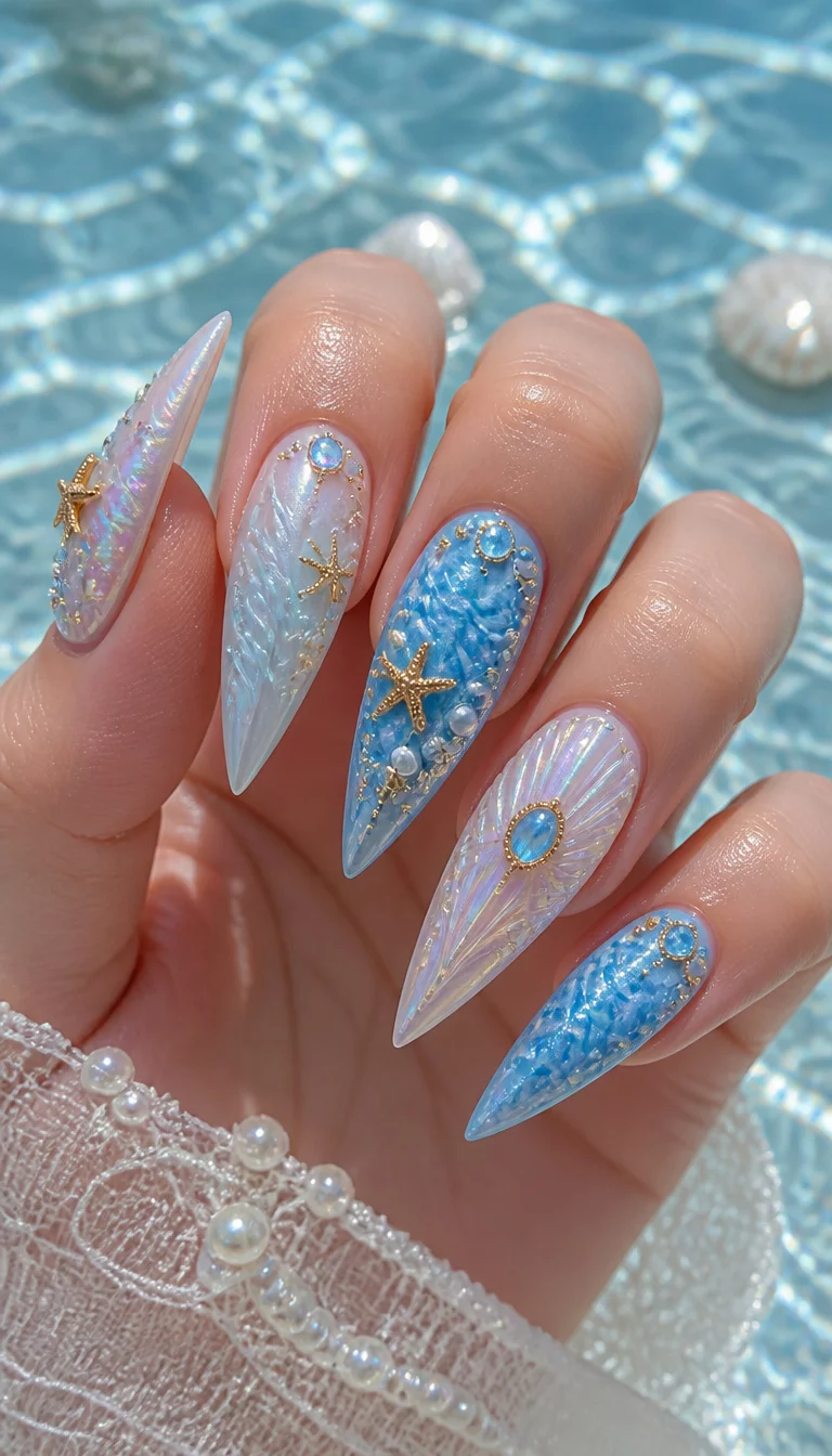 Gemstone Sea Odyssey close-up shot of a woman’s hand with five fingers showing nails with stiletto nails with an ethereal ocean theme, pearlescent finishes, pearls, starfish, and blue gemstone accents, against a bright, watery background.