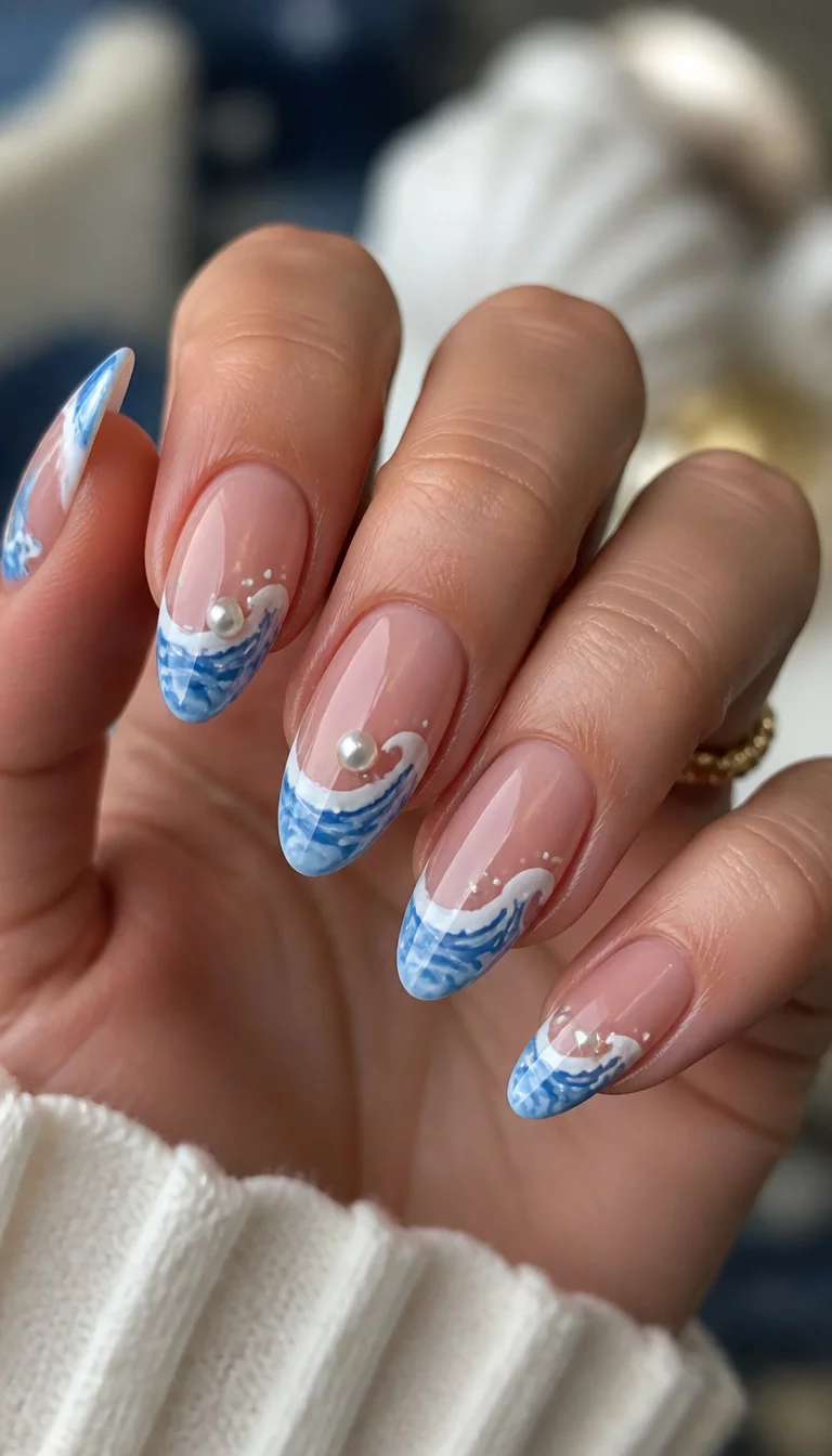 Pearled Ocean Wave French close-up shot of a woman’s hand with five fingers showing nails with almond-shaped nails featuring a French tip design with abstract blue and white ocean waves and pearl embellishments, set against a blurred background.