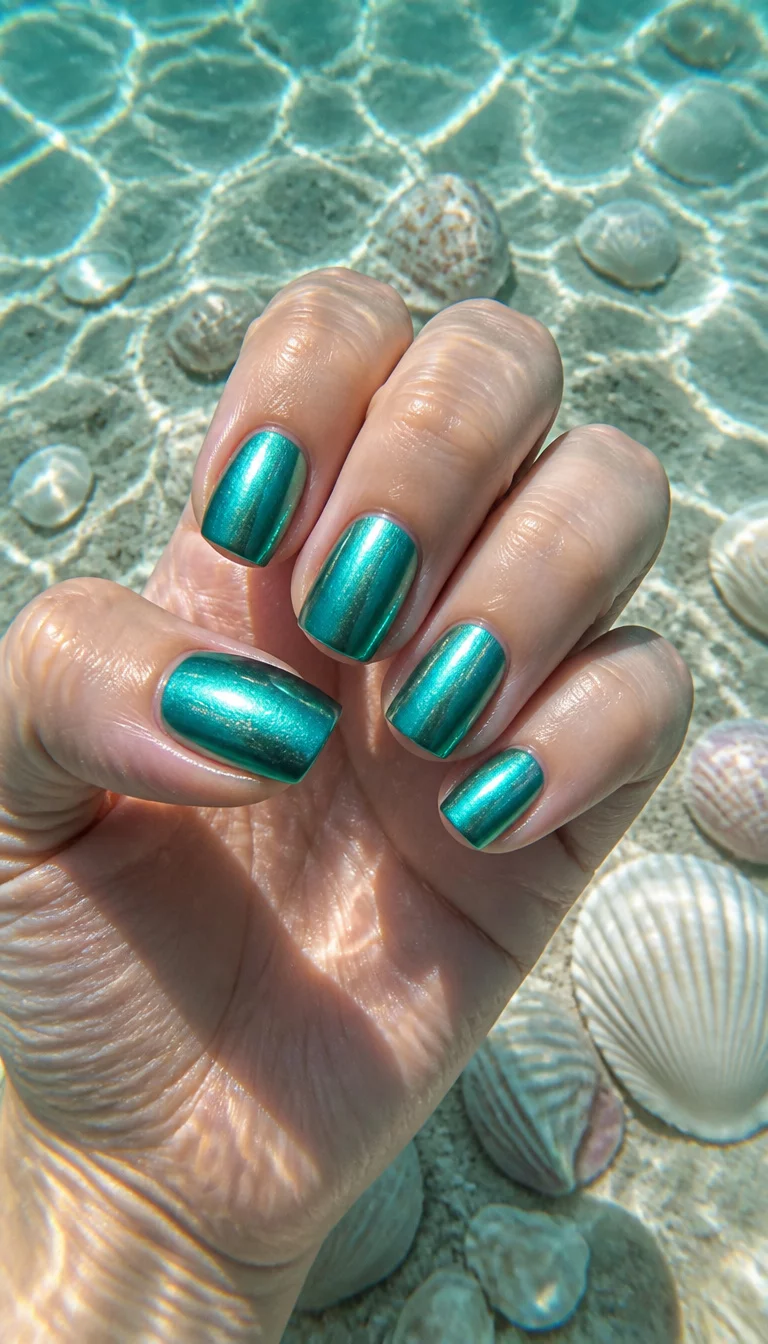 Deep Sea Metallic Teal close-up shot of a woman’s hand with five fingers showing nails with square-shaped nails in a metallic teal, held underwater amidst white sand and scattered seashells, bathed in sunlight filtering through the water.