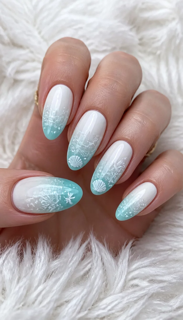 Teal Ombre And Delicate Waves close-up shot of a woman’s hand with five fingers showing nails with almond-shaped nails displaying an ombre of white to soft teal, adorned with delicate white waves and seashell designs, on a fluffy white surface.