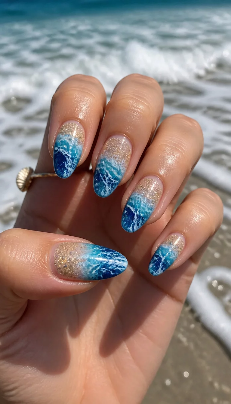 Glitter Sand And Ocean Waves close-up shot of a woman’s hand with five fingers showing nails with almond-shaped nails featuring glittery sand accents and blue ocean waves, with ocean foam in the background.