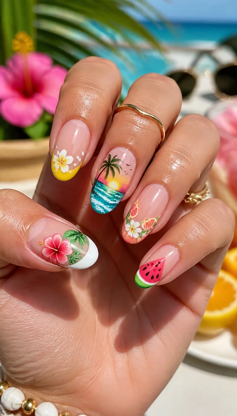 The Ultimate Summer Collage close-up shot of a woman’s hand with five fingers showing nails with a collage of summer-themed nail art featuring French tips with flowers, fruit slices, tropical ocean scenes, and watermelon designs, set against a bright summer background.