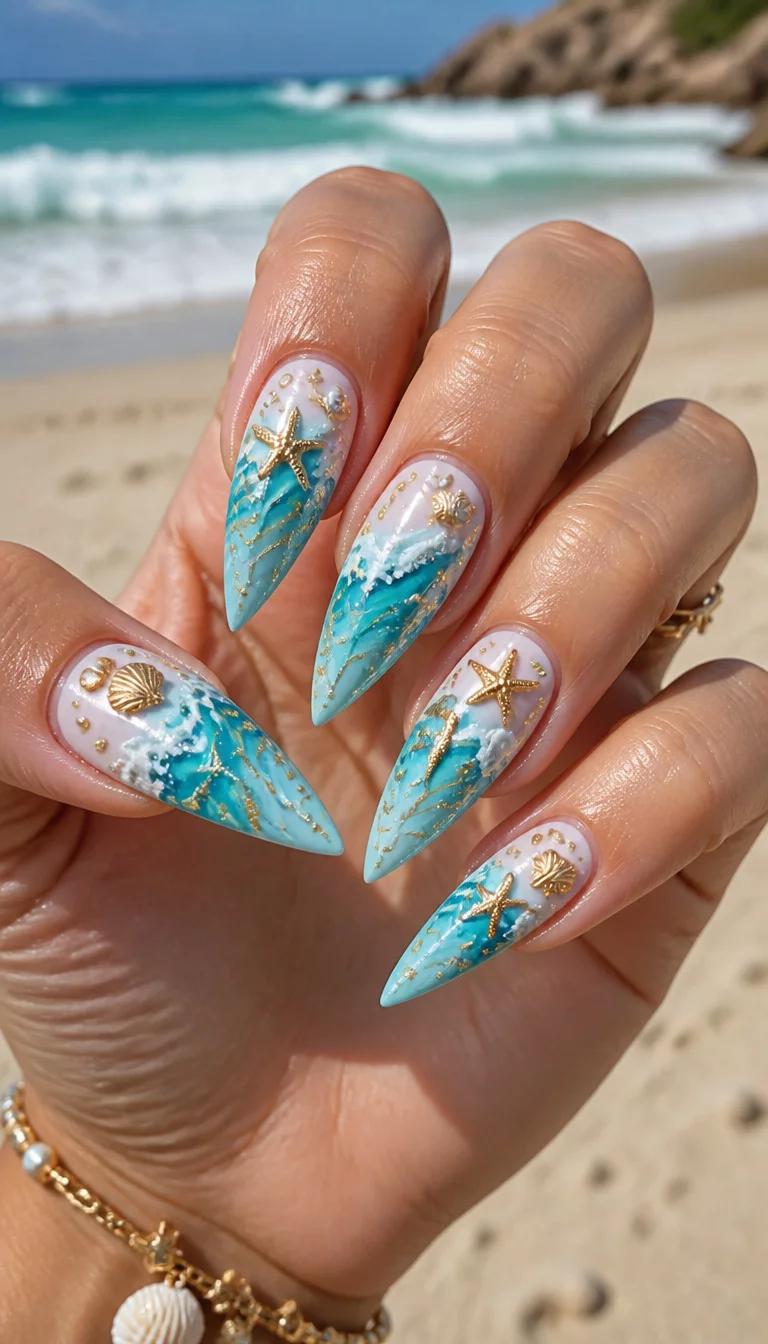Aqua Wave Stiletto Drama close-up shot of a woman’s hand with five fingers showing nails with stiletto nails featuring an ocean wave design with aqua blue, white, and gold accents, topped with starfish and seashells, against a beach backdrop.