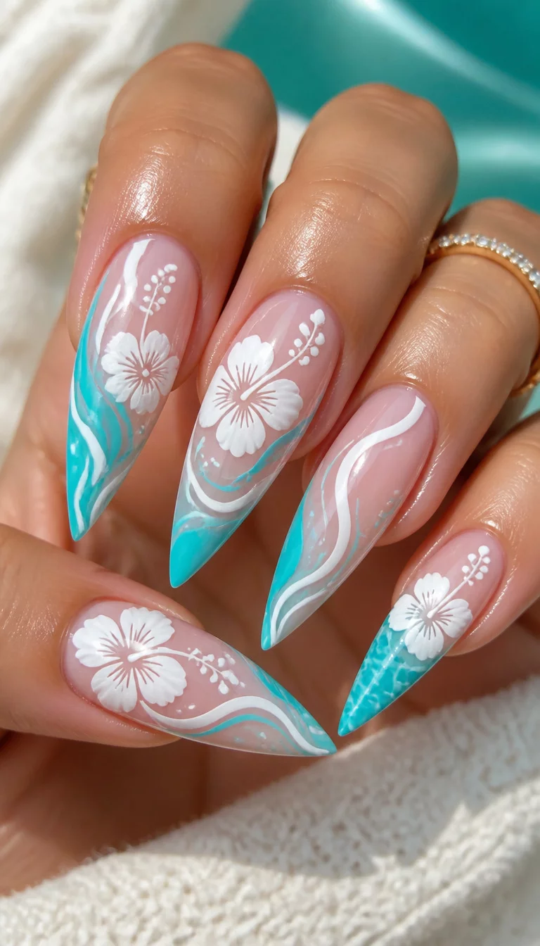 Hibiscus Blooms And Turquoise Swirls close-up shot of a woman’s hand with five fingers showing nails with stiletto nails showcasing intricate white hibiscus flowers and abstract wavy lines in turquoise, white, and a sheer pink base.