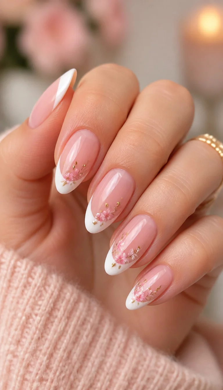 Feminine Floral French Tips close-up shot of a woman’s hand with five fingers showing nails with French tip nails in an almond shape with pink floral accents and gold studs, set against a soft blurred background.