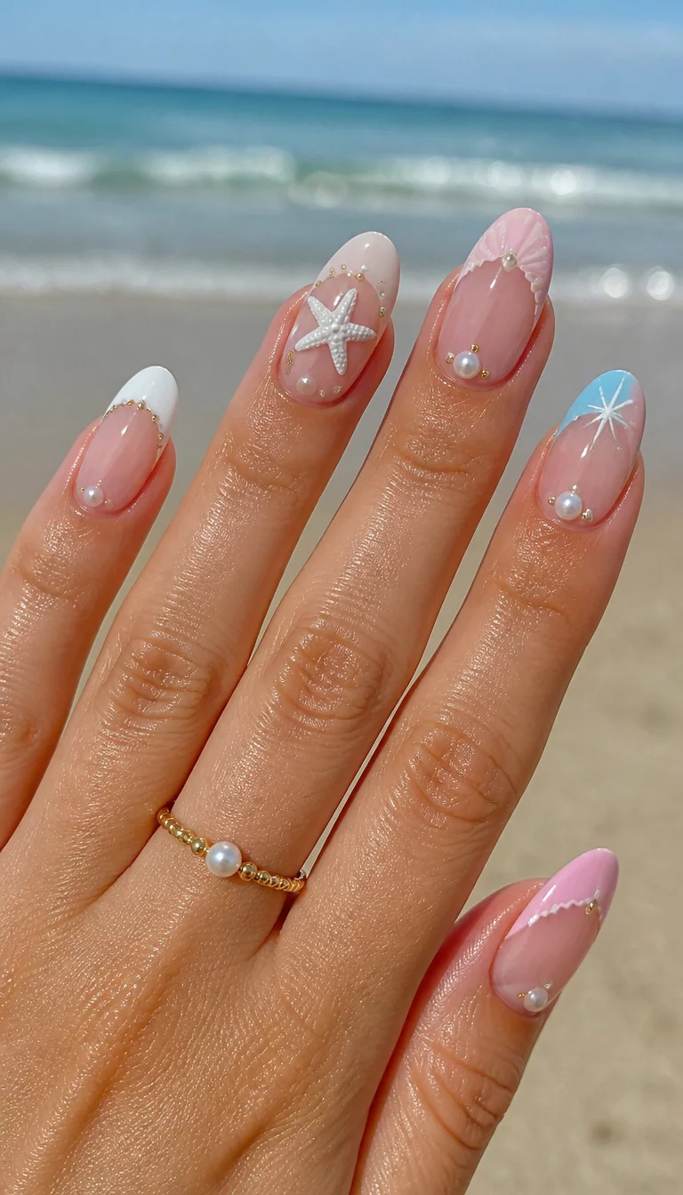 Pastel Parisian Seaside Chic close-up shot of a woman’s hand with five fingers showing nails with almond-shaped nails featuring French tips with white and pastel colors, designs include starfish, pearls, and scalloped edges, set against the blurred ocean and sand.