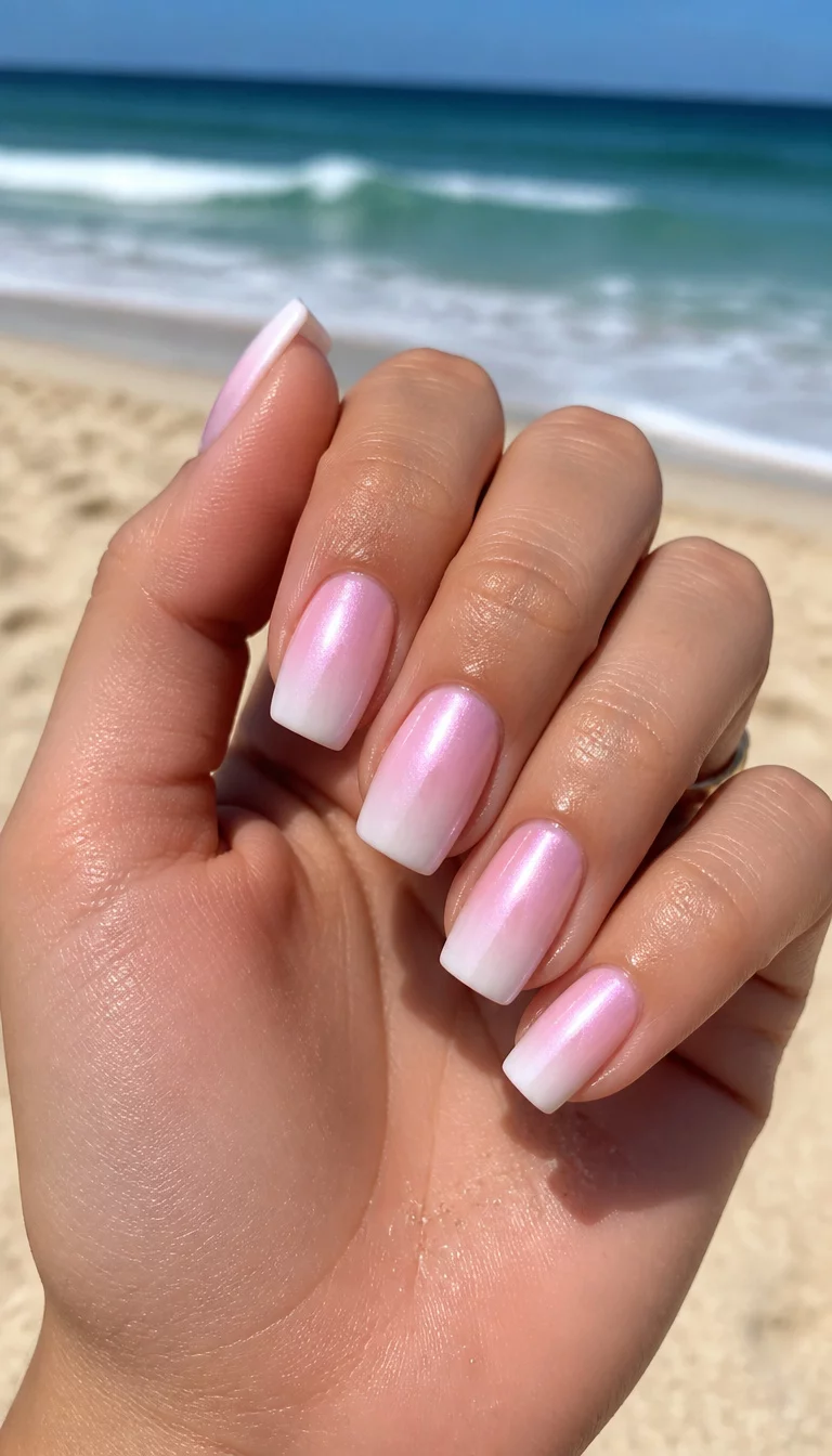 Pearlescent Pink Horizon close-up shot of a woman’s hand with five fingers showing nails with square-shaped nails in a pearlescent pink-to-white gradient, sitting on a sandy beach with the ocean in the background.
