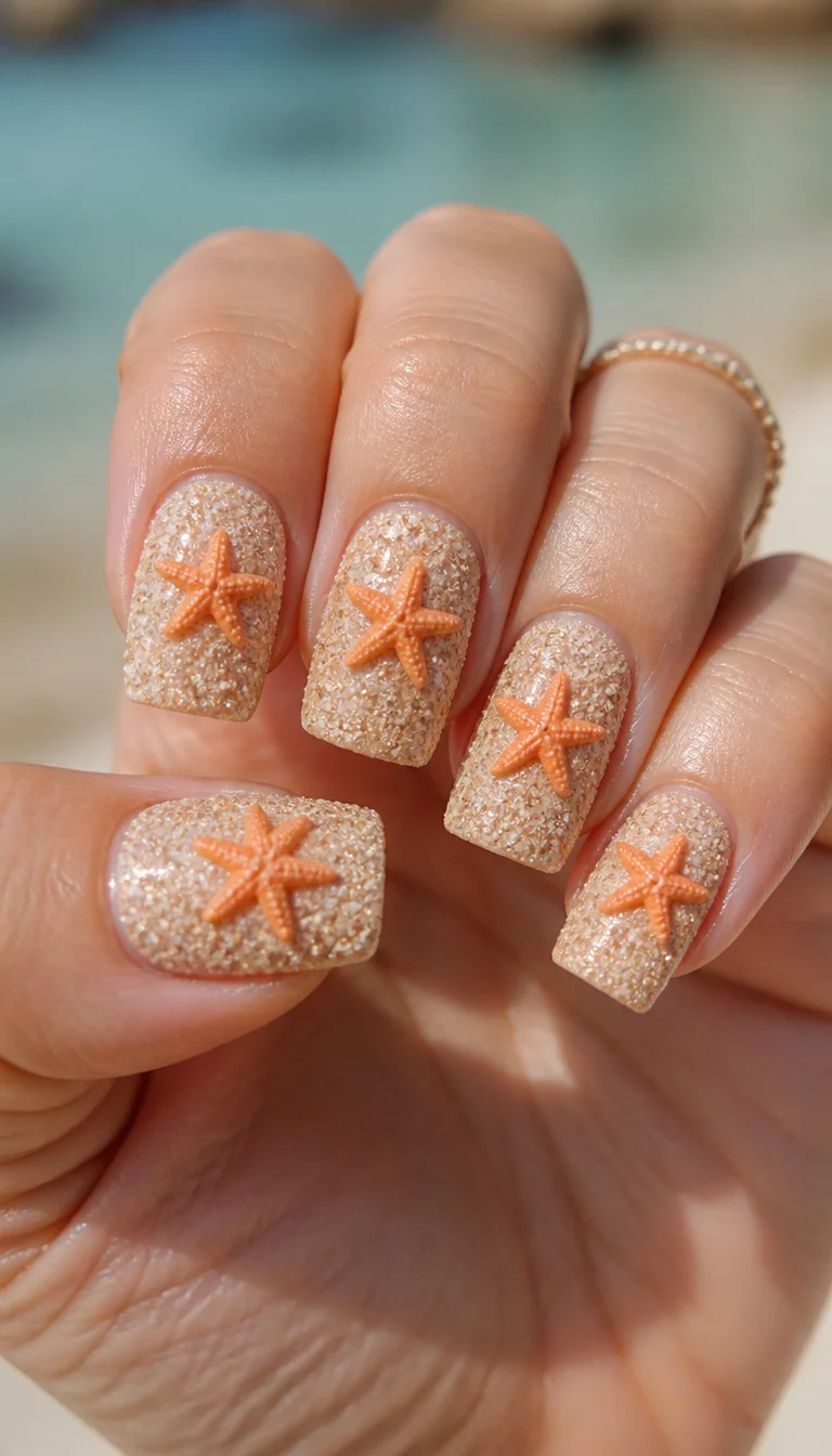 Sandstone Glitter And Starfish close-up shot of a woman’s hand with five fingers showing nails with square-shaped nails covered in fine sand-like glitter, each adorned with a raised, orange starfish, set against a blurred background.