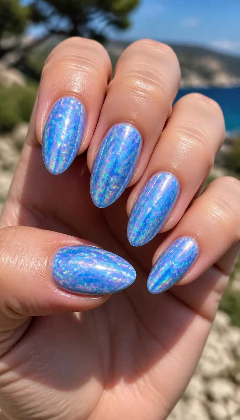 Holographic Marble Blue close-up shot of a woman’s hand with five fingers showing nails with almond-shaped nails with a holographic, iridescent blue finish reflecting light with a marbled texture, set against a blurred outdoor background.