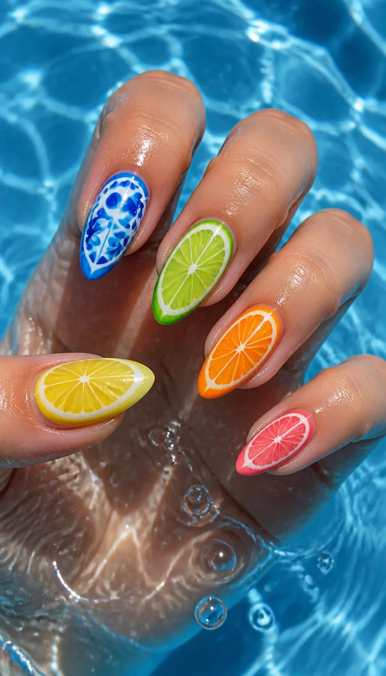 Floating Tropical Fruit Slices close-up shot of a woman’s hand with five fingers showing nails with almond-shaped nails with vibrant fruit slice designs including lemon, lime, orange, and grapefruit and blue patterns, hands submerged in blue water.