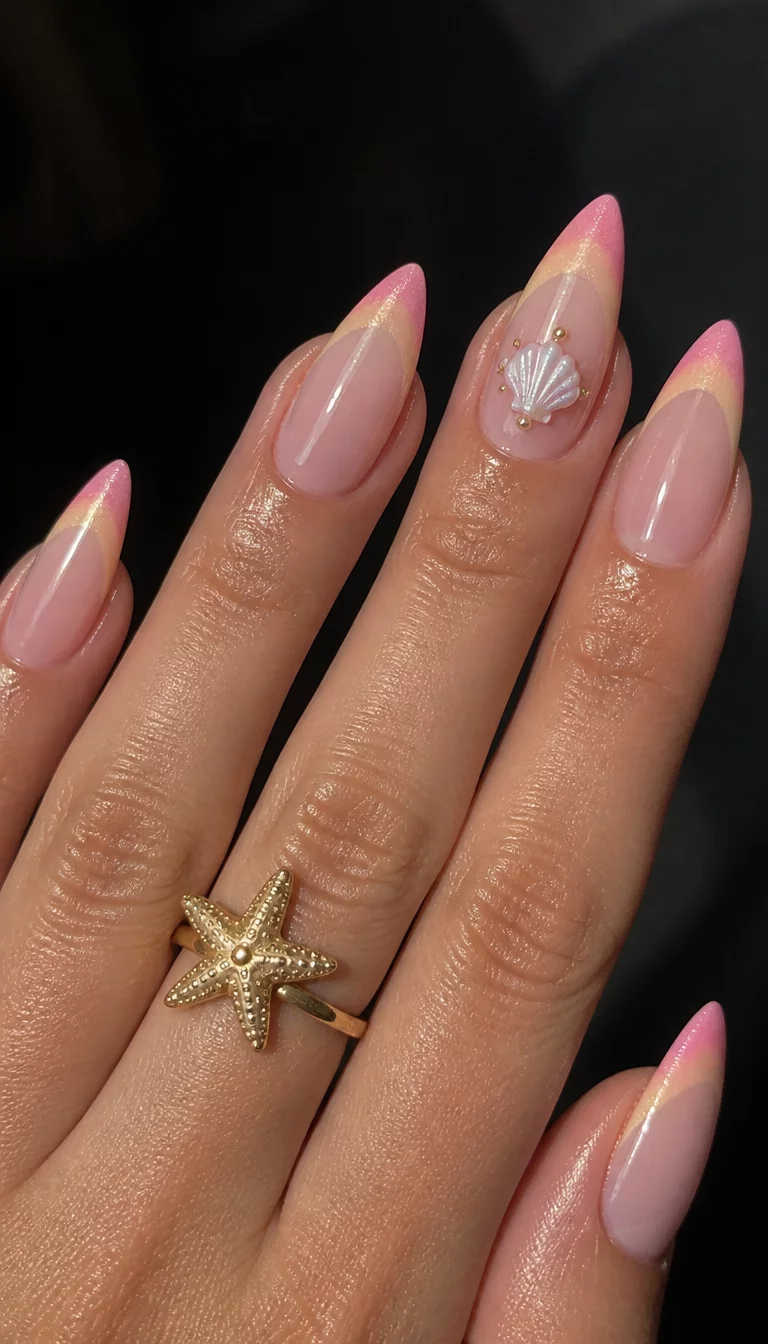 Sunset Ombre And Starfish Accents close-up shot of a woman’s hand with five fingers showing nails with tapered French tip nails with pink and yellow ombre, a seashell 3D accent, and a starfish ring, set against a dark and indistinct background.