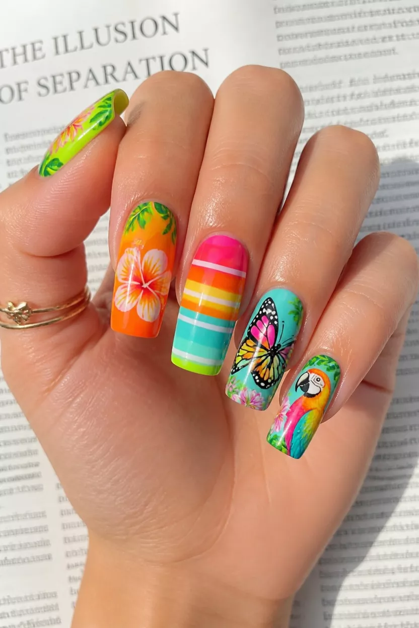 Tropical Butterfly Paradise close-up shot of a woman’s hand with five fingers showing nails with neon colors, tropical flowers, bright stripes, butterfly art, and a parrot design against a textual background.