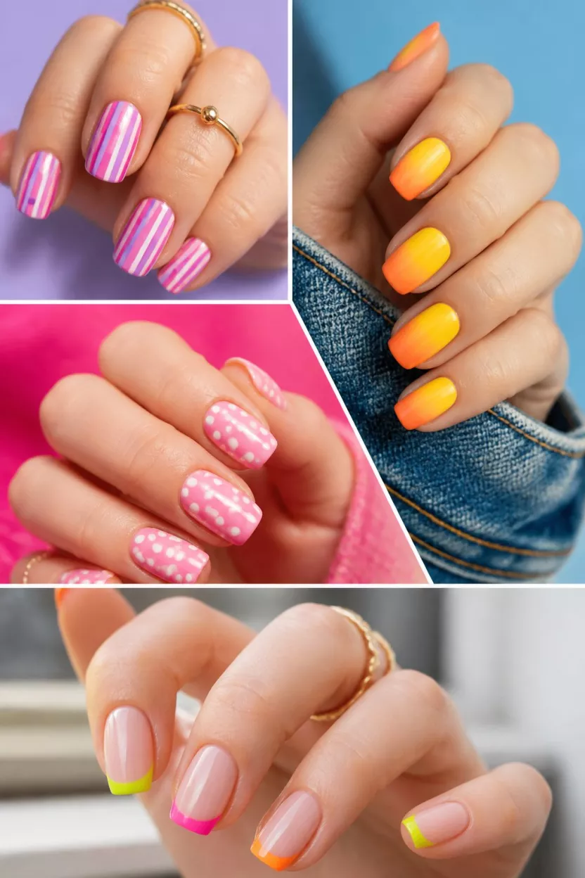 Neon Stripe Medley close-up shot of a woman’s hand with five fingers showing nails with various styles: pink and purple stripes, yellow and orange ombré, pink and white polka dots, and bright neon French tips on varied backdrops.