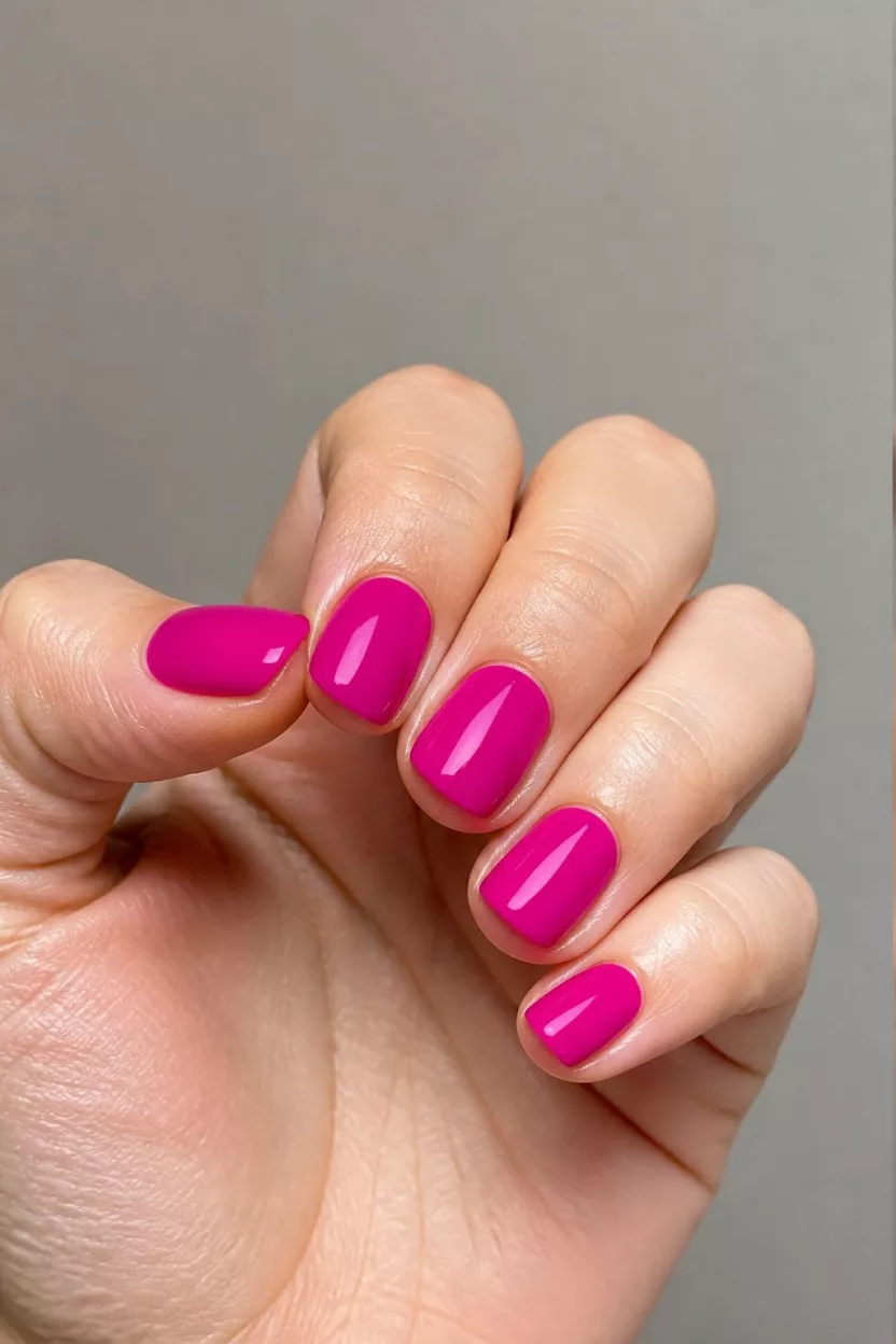 The Glossy Neon Magenta close-up shot of a woman’s hand with five fingers showing nails with short, rounded nails painted in a vibrant, glossy neon magenta polish.