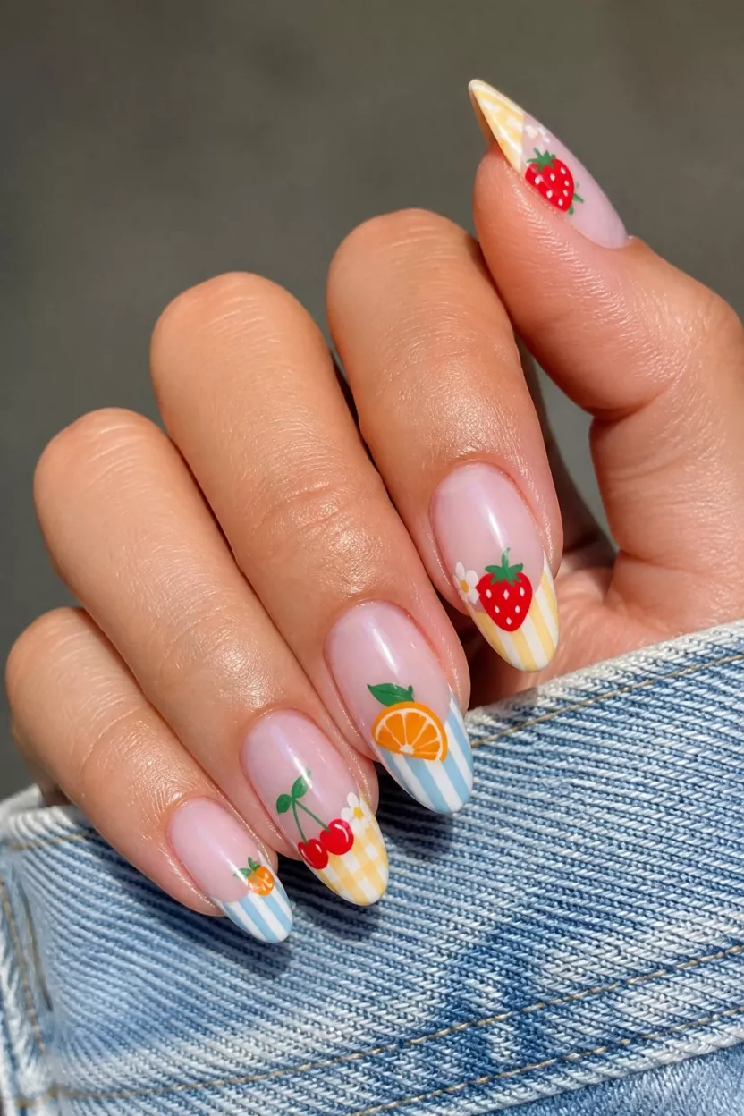 Artistic Fruit Medley close-up shot of a woman’s hand with five fingers showing nails with almond shaped nails displaying a delicate sheer base with an artistic design featuring painted strawberries, cherries, oranges, and pale blue and yellow stripes in the tips.