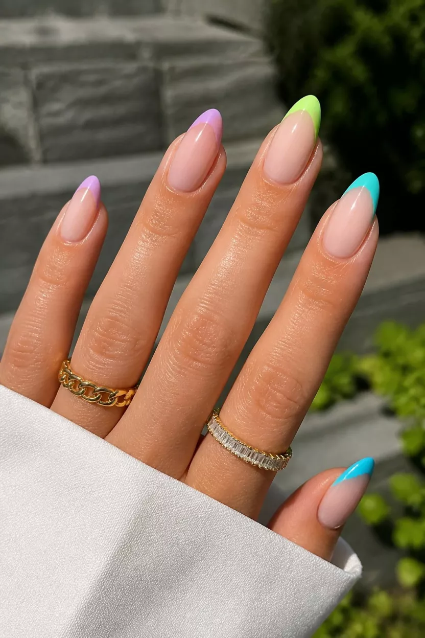 The Irregular French close-up shot of a woman’s hand with five fingers showing nails with almond nails featuring a modern French manicure with irregular, colorful tips in turquoise, lavender, and neon green, worn with gold rings, outside.