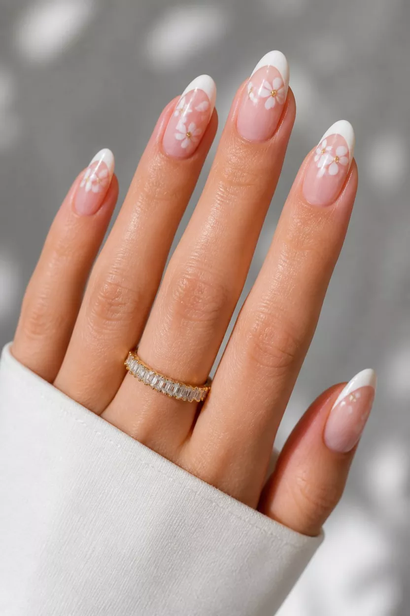 Floating Floral French close-up shot of a woman’s hand with five fingers showing nails with almond nails presenting a sheer base with a soft white French tip, subtly decorated with small white flowers and gold centers, against a soft backdrop.