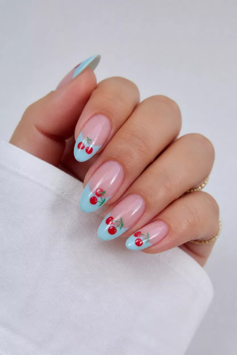 Cherry Bomb Sheer Base close-up shot of a woman’s hand with five fingers showing nails with almond shaped with a light blue base and red cherry artwork over a sheer base, framed by a smooth, light setting.