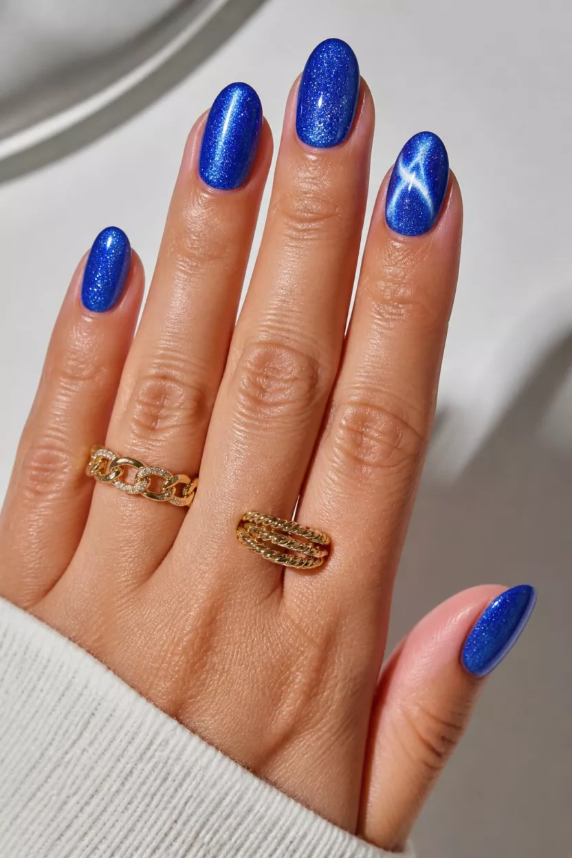 Electric Blue Cat Eye close-up shot of a woman’s hand with five fingers showing nails with oval nails covered in a vibrant, sparkling electric blue polish, with one nail featuring a white cat eye swirl effect, worn with gold rings on a light surface.