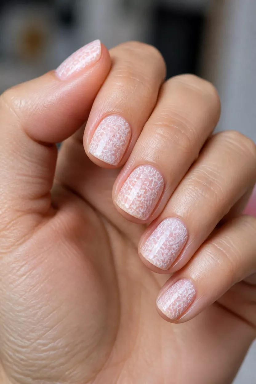 Lace and Dragonflies close-up shot of a woman’s hand with five fingers showing nails with short, square nails sport a soft pink base with delicate white floral or lace like overlay patterns.