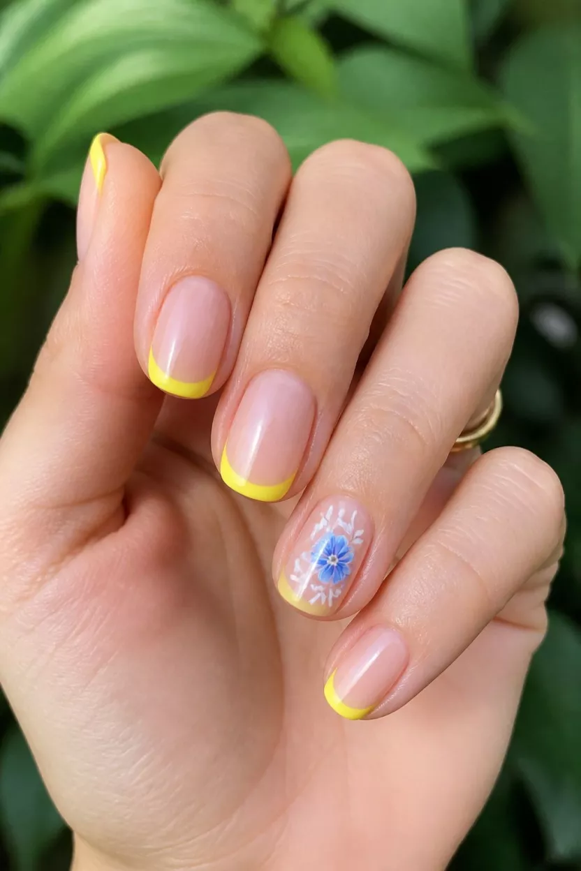 Blue Floral Mismatched Tips close-up shot of a woman’s hand with five fingers showing nails with rounded nails feature a sheer base with a bright yellow French tip, where one nail has a blue and white floral stamp.