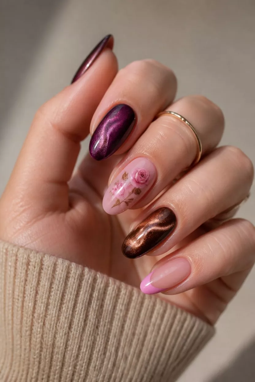 Moody Summer Cat Eye close-up shot of a woman’s hand with five fingers showing nails with a mix of almond and oval nails featuring deep purple magnetic, earthy brown cat eye swirls, pink with rose decals, and soft pink French tips.