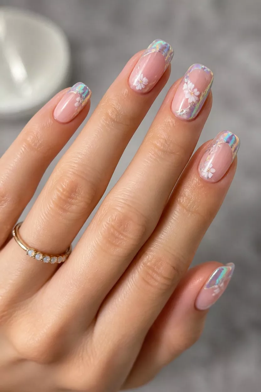 Iridescent Abstract Dreams close-up shot of a woman’s hand with five fingers showing nails with iridescent, abstract colors, French tips with modern twists, and decorative floral designs.